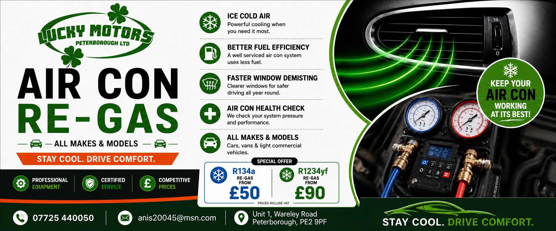 Lucky Motors Air Con Re-Gas - all makes and models, R134a and R1234yf, call to book in